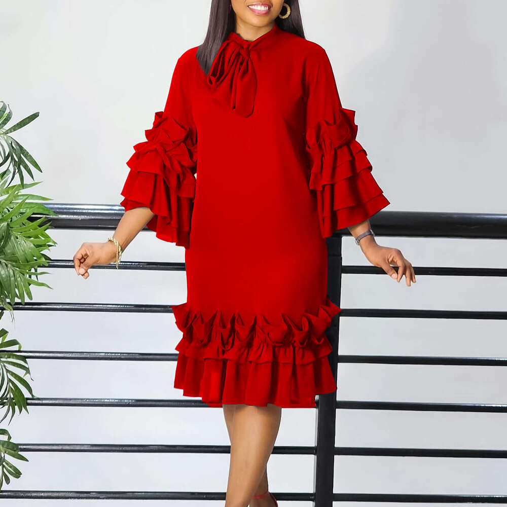 D4882025 Spring/Summer Fashionable Casual Ruffle Horn Sleeve Large Size Dress 2025 Versatile Style New Trendy Clothing Ins