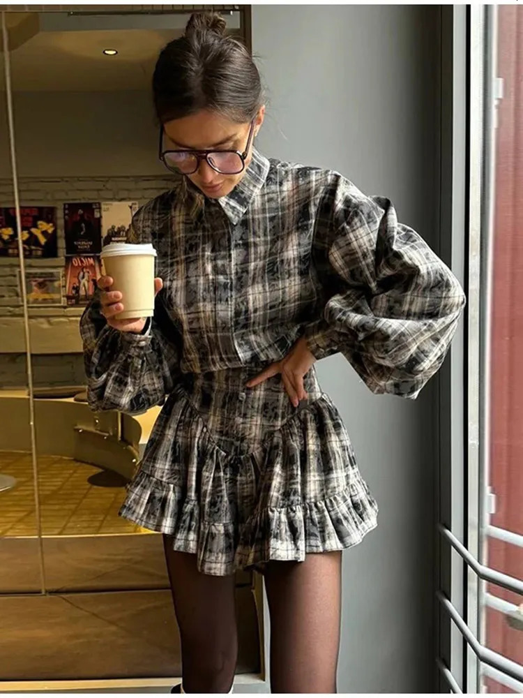 Spring Solid Shirt Ruffle Short Skirt Sets Women Elegant Lapel Puff Sleeve Tops Suit With Mini Skirts Female Skirt Suit Outfits 250226