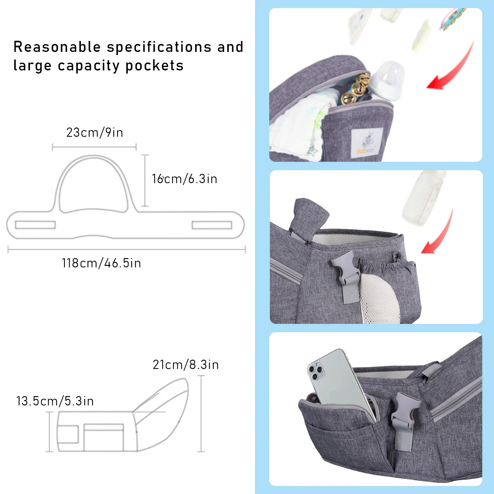 Grey baby a hip seat with large storage space which can be optionally equipped with mother shoulder straps and baby wa 250227