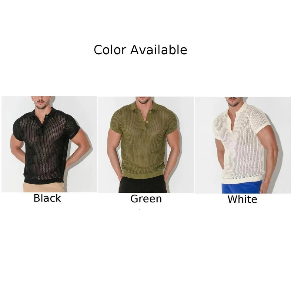 Shirt Tops V-lapel Tops Solid Color Fashion Streetwear Ribbed Knitted Sexy See Through Hollow Out Short Sleeve Shirt 250222