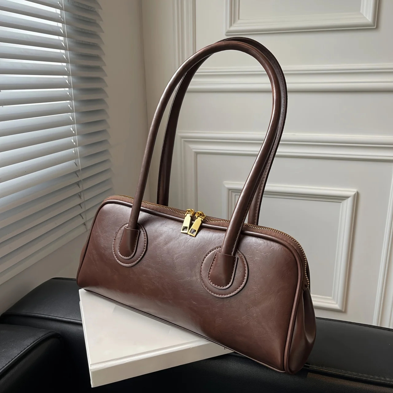 Ship from US Zipper Bag Elegant Solid Color Shoulder Womens Retro Style Handbag 250227FBB