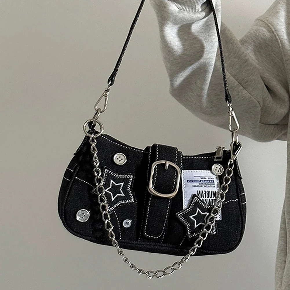 Ship from US Women Cool Style Tote Purse Large Capacity Y2K Star Denim Underarm Bag Vintage Armpit Solid Color Simple Commuting 250227FBB