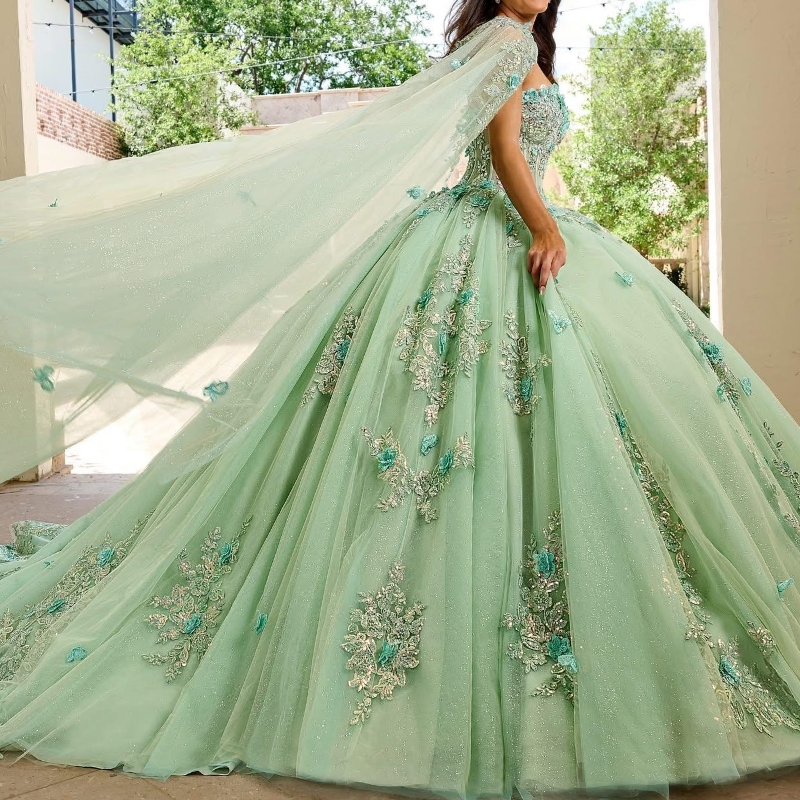 Green Shiny Quinceanera Dresses Ball Gown Off The Shoulder Applique Lace Beads Tull With Cape Party Birthday Sweet 16 Vestidos 15 Anos