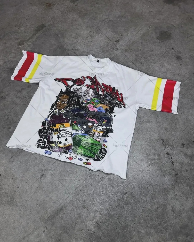 Y2K Harajuku Retro Striped Short-sleeved Street Hip-hop Punk Style Printed Oversized T-shirt Men Trendy Casual Cotton Top 250225