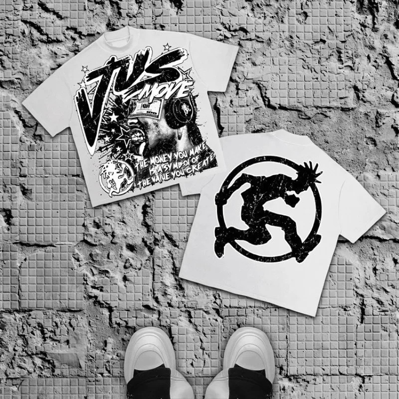 Retro trendy rock letter pattern print oversized short sleeved Tshirt for mens fashion Harajuku loose round neck shirt 250226