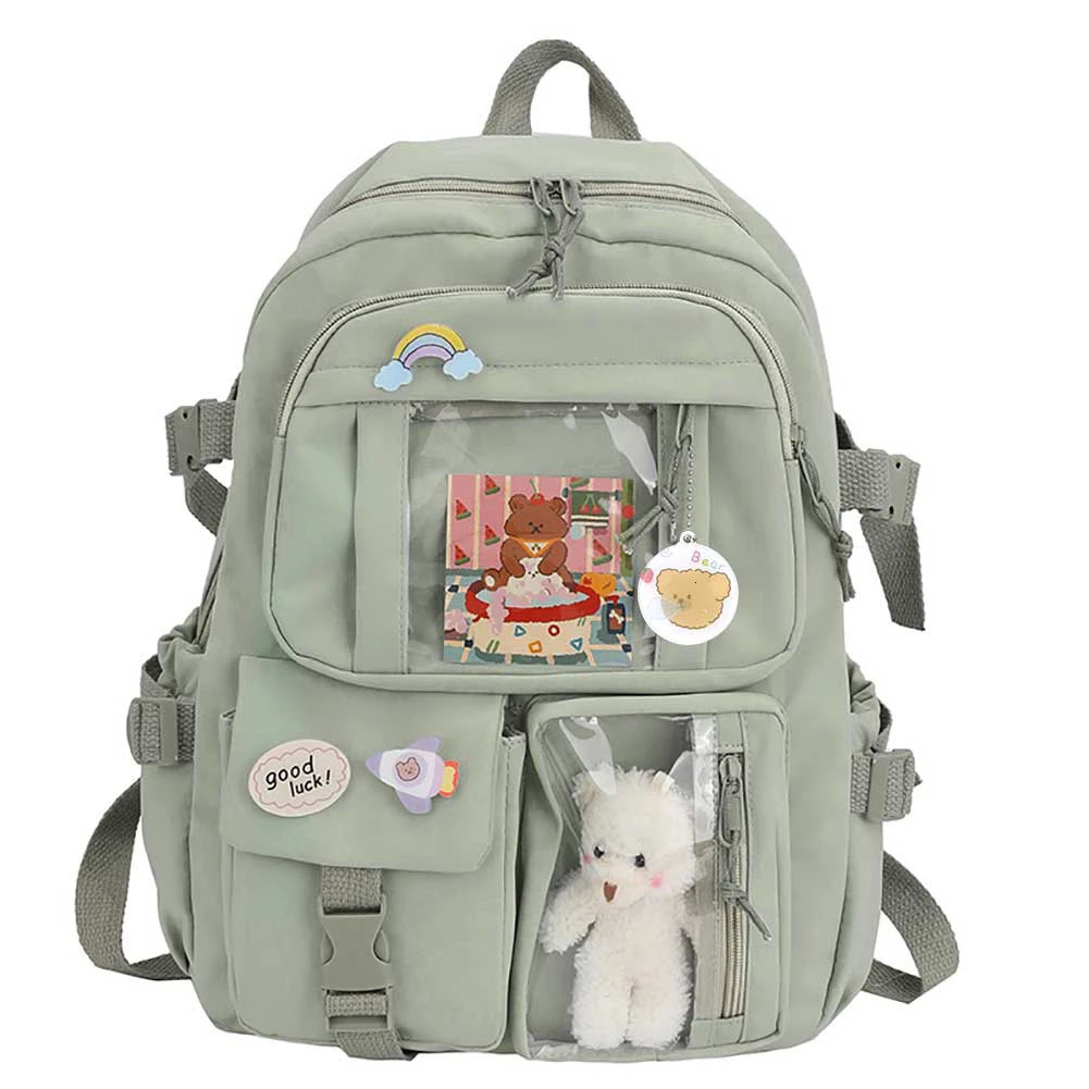 Ship from US College Student Rucksack Fashion Casual Book Bags Nylon with Plush Pendant Pin Cute Large Capacity Japanese Style for Teen Girls 250227FB