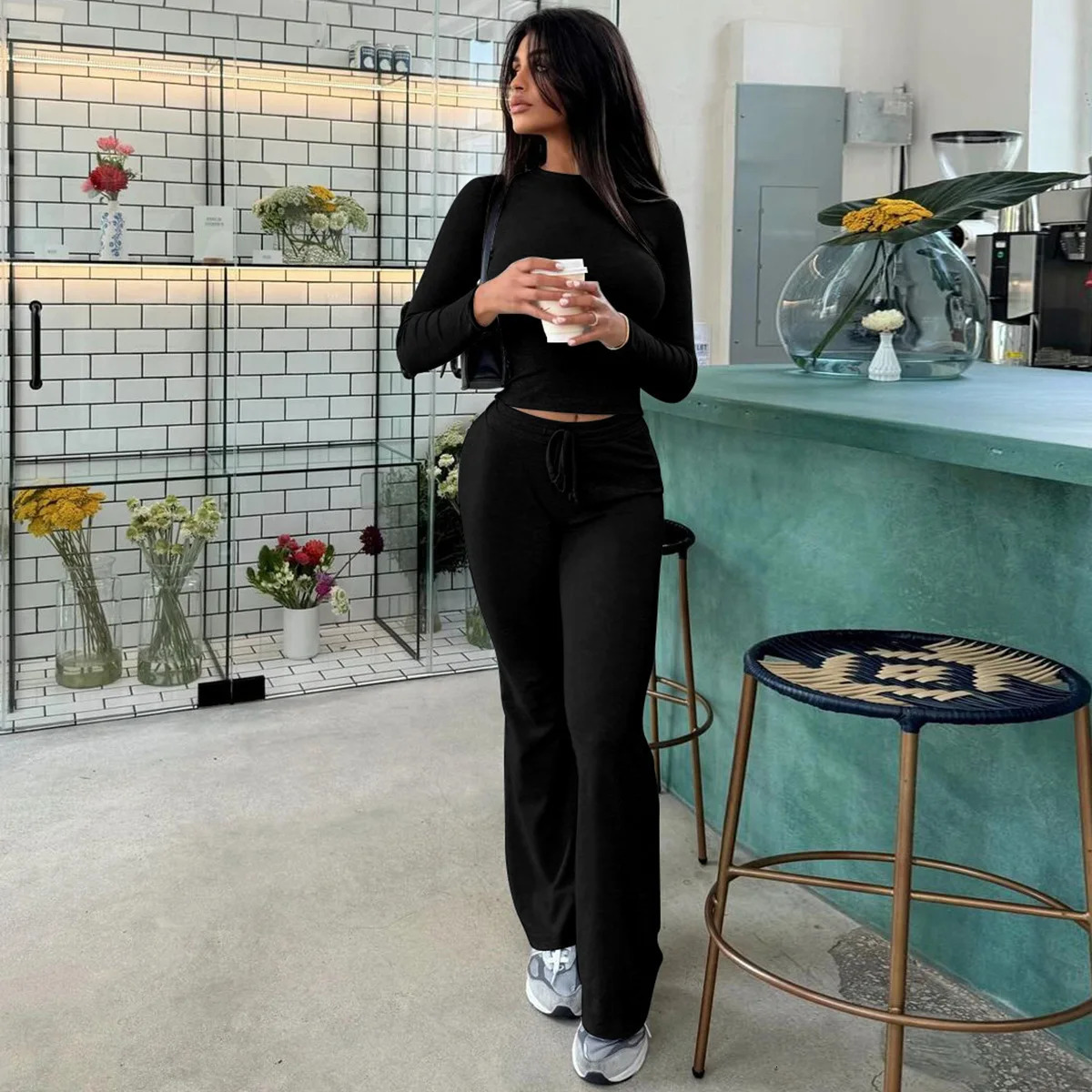 Elegant Solid Two Piece Sets Women Long Sleeve Slim ONeck Crop Tops Drawstring Flare Pants Suit Lace Up Outfits Streetwear 250226