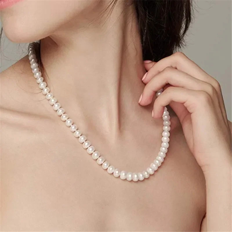 Dainashi White 7-10mm Freshwater Cultured Pearl Strands Necklace Sterling Silver Fine Jewelry for Women Birthday Gift 250222