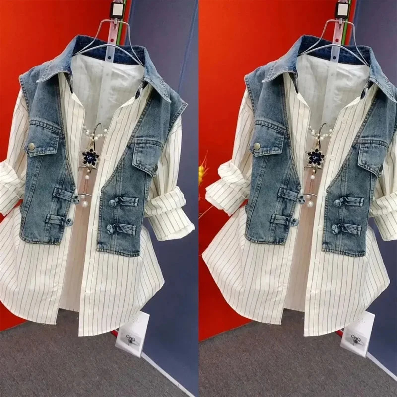 Two Denim Shirts Women Spring and Summer 2025 Single-breasted Long-sleeved Casual Western Style Joker Stitching Striped Top 250226