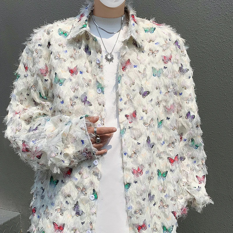 Summer Thin Shirt Three-dimensional Butterfly Decor Long Sleeve Shirt Tassel Casual Fashion Loose Male Sun-proof Clothing 250224