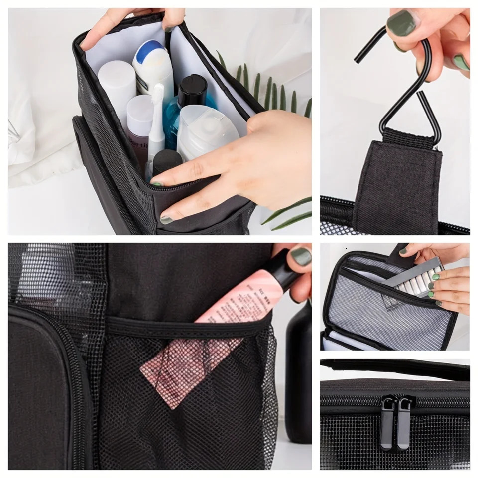 Ship from US Portable Large Capacity Toiletry Bag With Metal Hook Travel Breathable Mesh Hanging Cosmetics 250227FBB