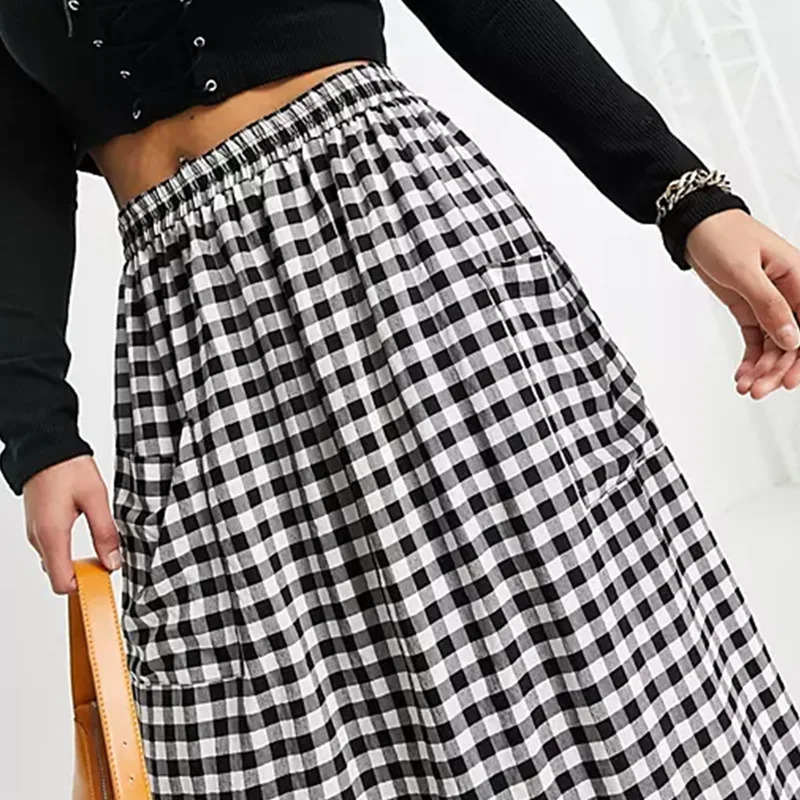 Plus Size Elastic Waist Black And White Checked Summer Elegant Midi Skirt Pocket Front Gingham A-line Skirt Large Size 6XL 7XL 250226