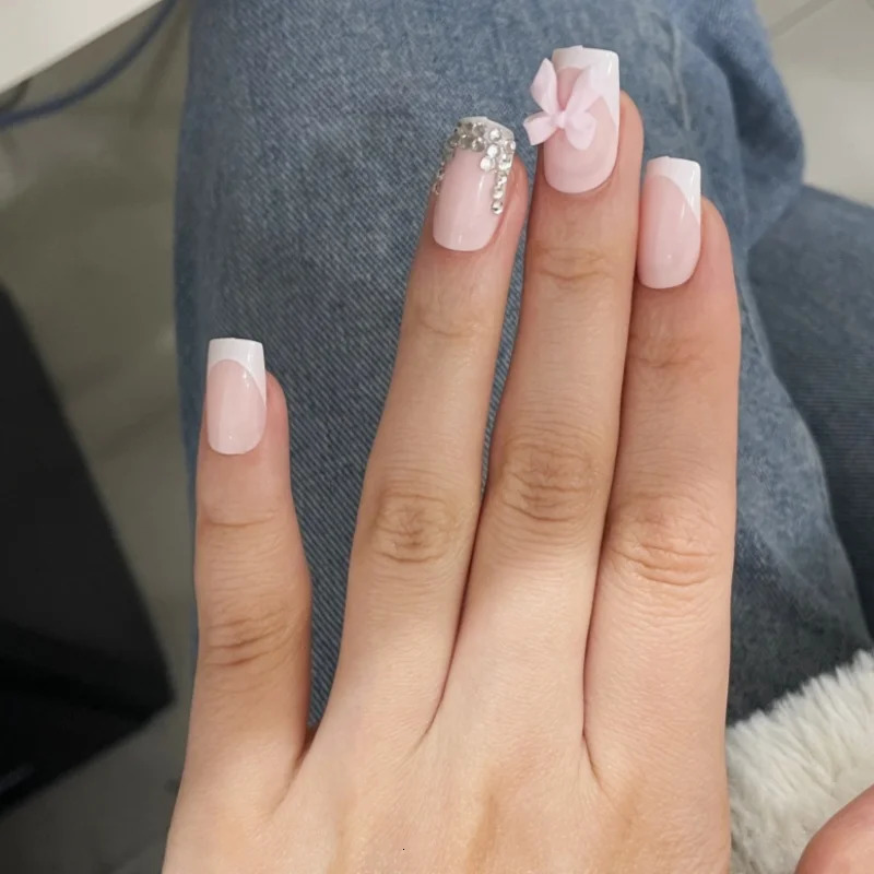 24Pcs Pink French PressOn Nails Set Square Full cover Nail with 3D Bow Glitter s White Tips for Women Girls 250217
