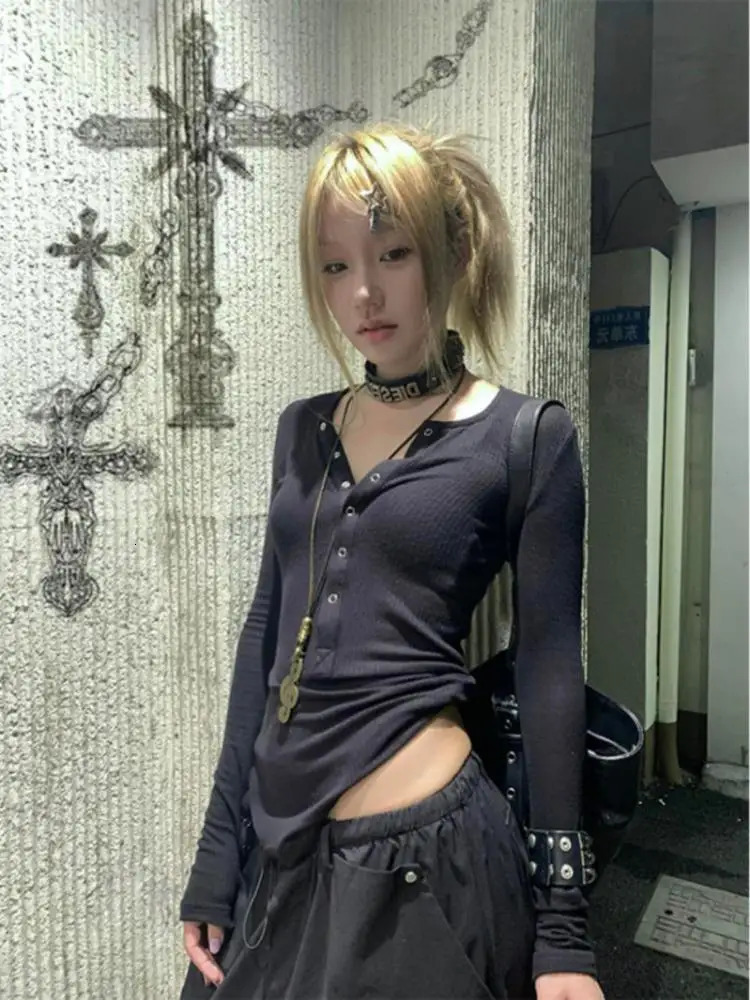 General Black T Shirt Women Clothes Long Sleeve Korean Fashion Slim Autumn Spring Tops 2000s Y2k Tees Female Clothing 250226