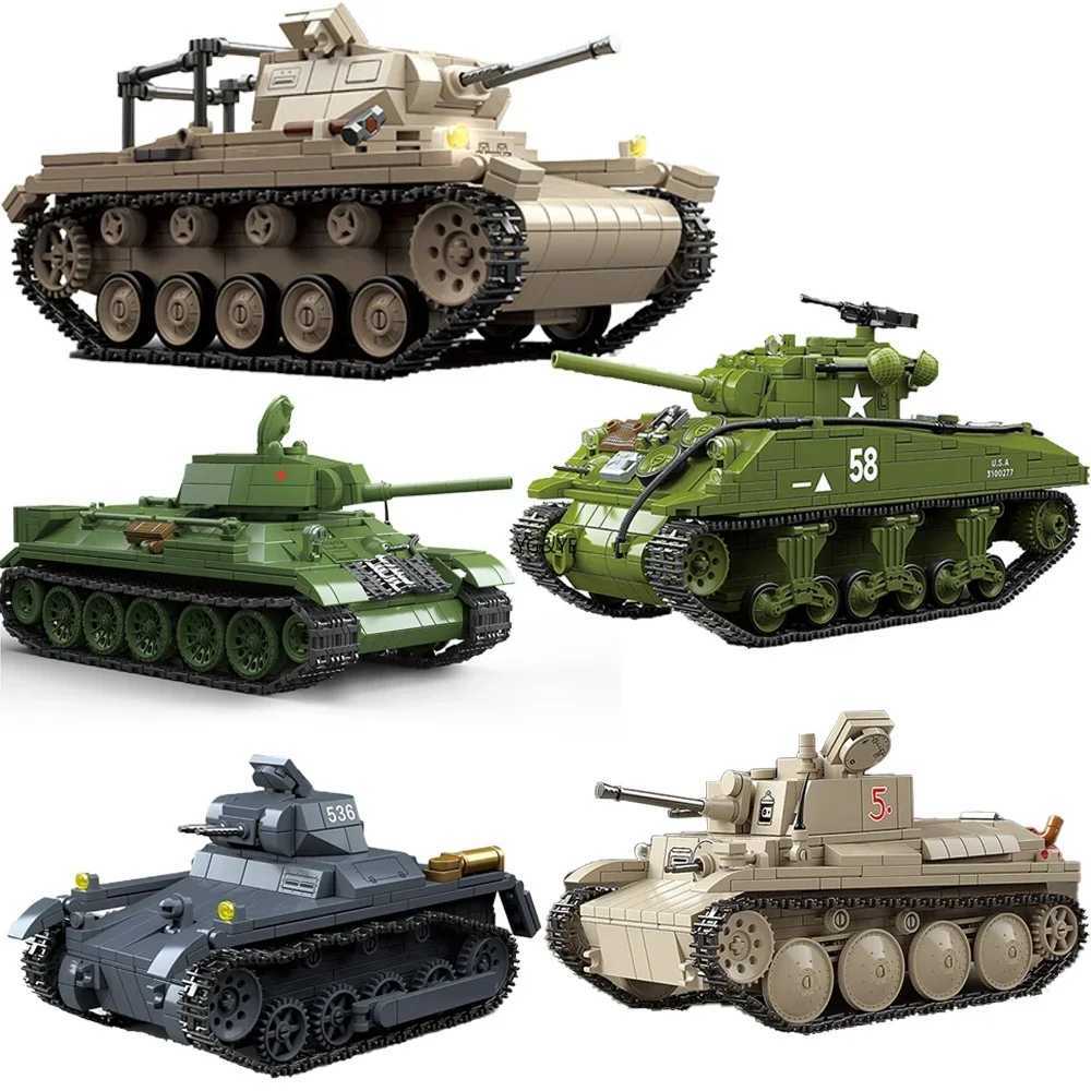 WWII Tank Building Blocks B Tiger 131 Churchill Tank I Scene Of Military Weapon Model Assembly Desk Decoration Toy Gifts Y250227