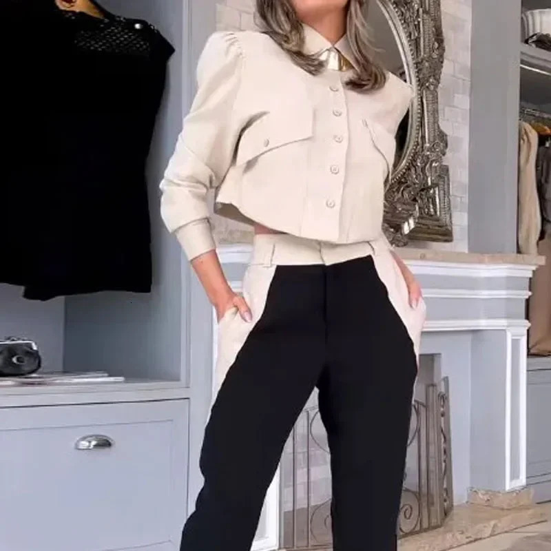 Wefads womens twopiece summer fashion office solid shirt button lapel patch work long sleeved top pocket streetwear 250226
