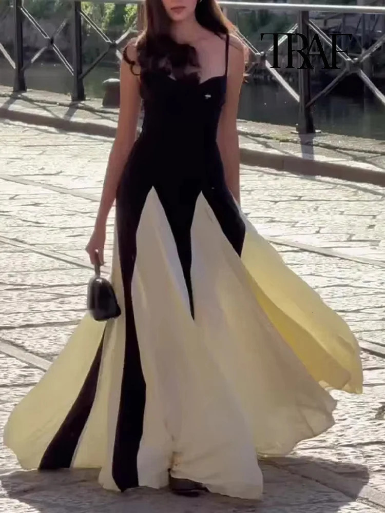 TRAF Women Fashion Pleated Ruffle Hem Lace Dresses Sexy Bustier Backless Halter A-Line Dresses Sexy Lady Maxi Beach Party Gowns 250226