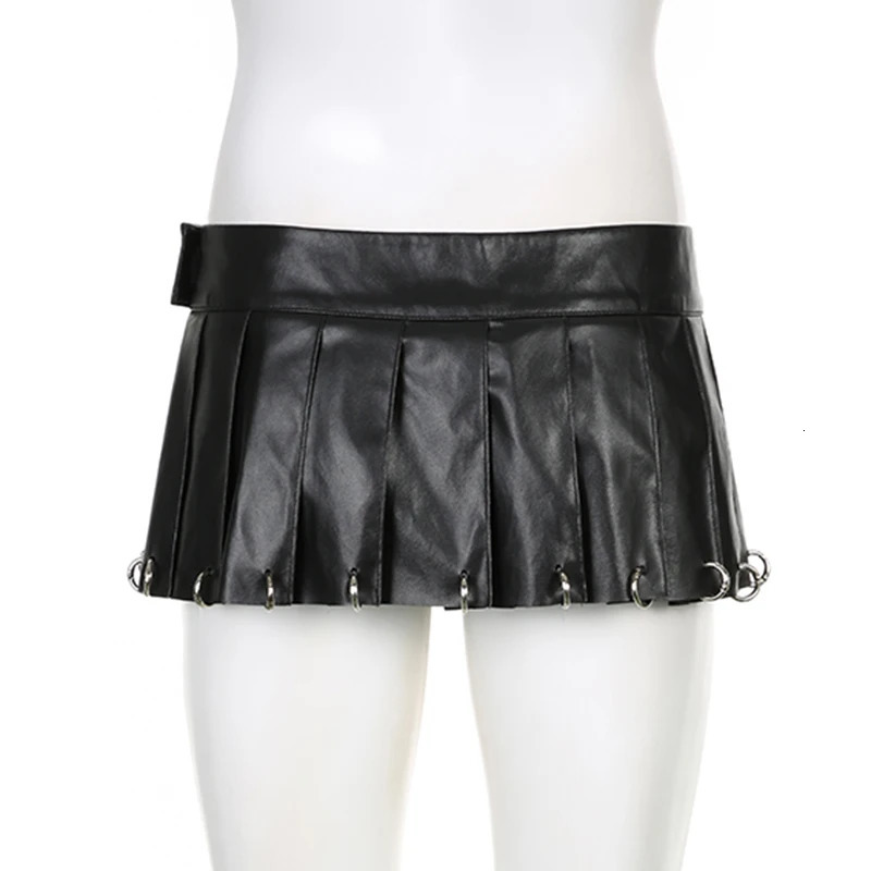 SUCHCUTE Low Rise PU Leather Mini Pleated Skirts Sexy Metal Ring Black Skirt Women Punk Fashion Short Gothic Clubwear Outfits 250226