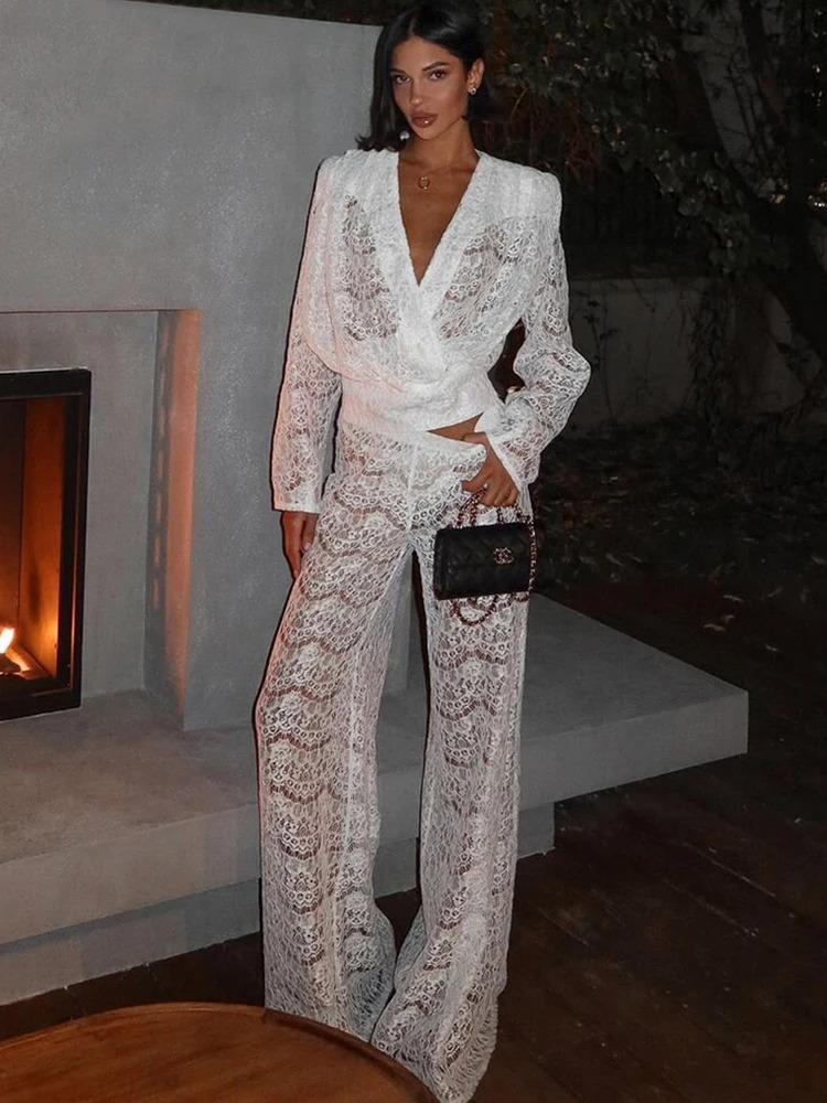 Sibybo Streetwear Lace Pants Set Female Sexy Deep V-neck Loose Top High Waist Wide Leg Pants Two Piece Matching Set 250222