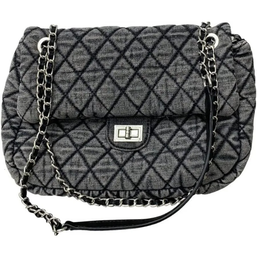 Ship from US Womens Grey Casual Diamond Checker Denim Retro Fashion One Shoulder Handbag 250227FBB