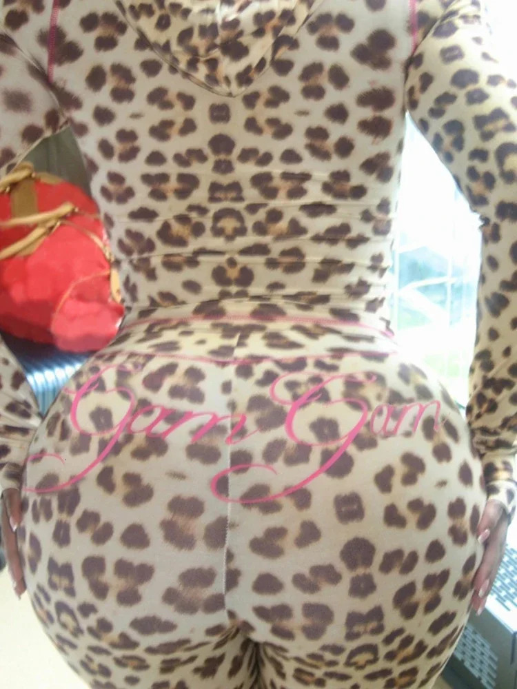 Leosoxs Leopard Letter Print 2 Piece Set Women Tracksuit Sporty Casual Hooded Crop Jacket Flare Pants Stretch Matching Suits 250226