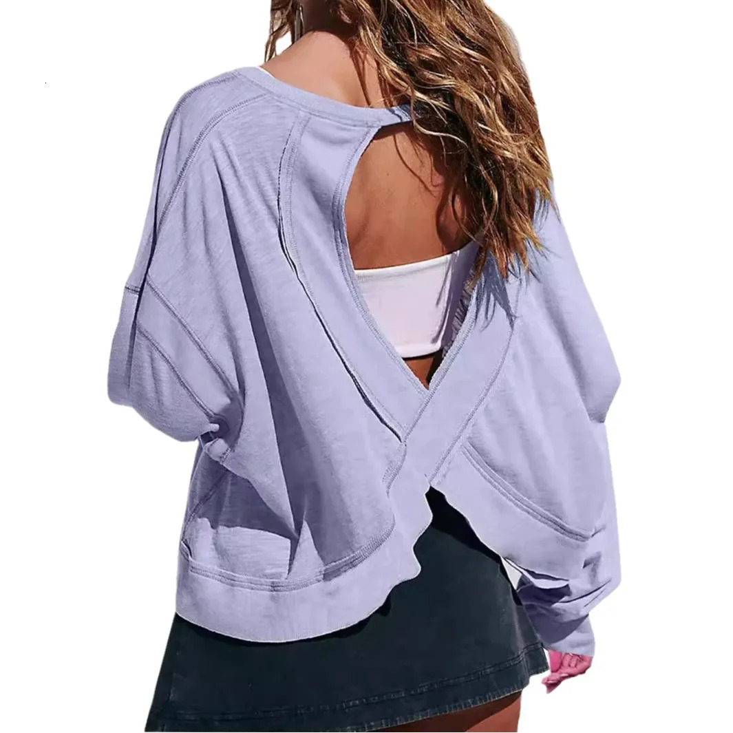 Womens loose long sleeved Tshirt womens shirt age reduction hollow round neck sports 250226