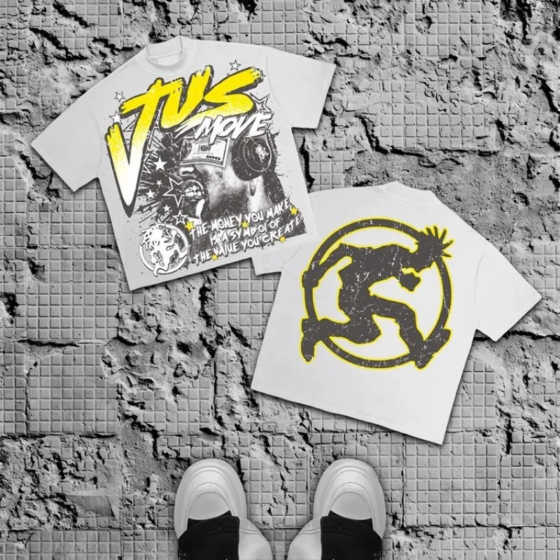 Retro trendy rock letter pattern print oversized short sleeved Tshirt for mens fashion Harajuku loose round neck shirt 250226