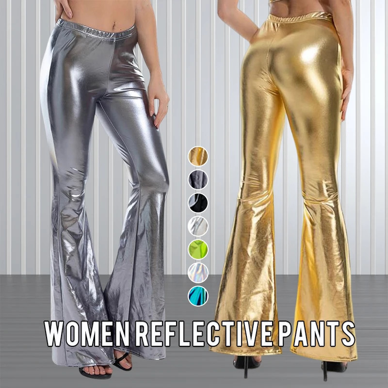 Womens sexy PU leather metal pants shiny holographic Flare womens elastic waist Flared Trousers dance performance club uniform 250227