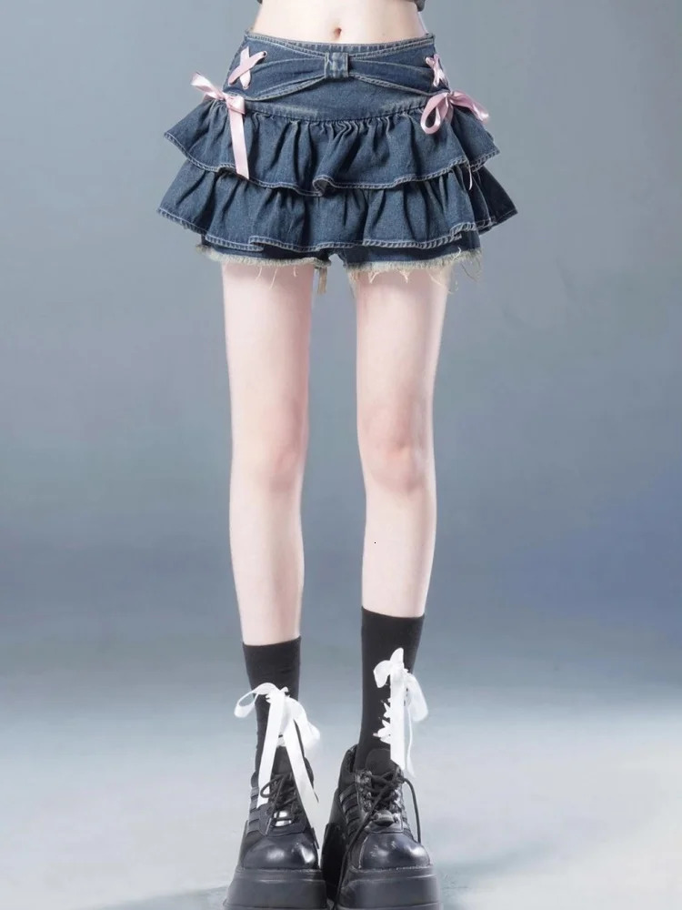 Blue Denim Pleated Skirt Bow Fold n Womens A-line Short Skirt Built in Shorts American Spicy Korean Fashion sweet 250226