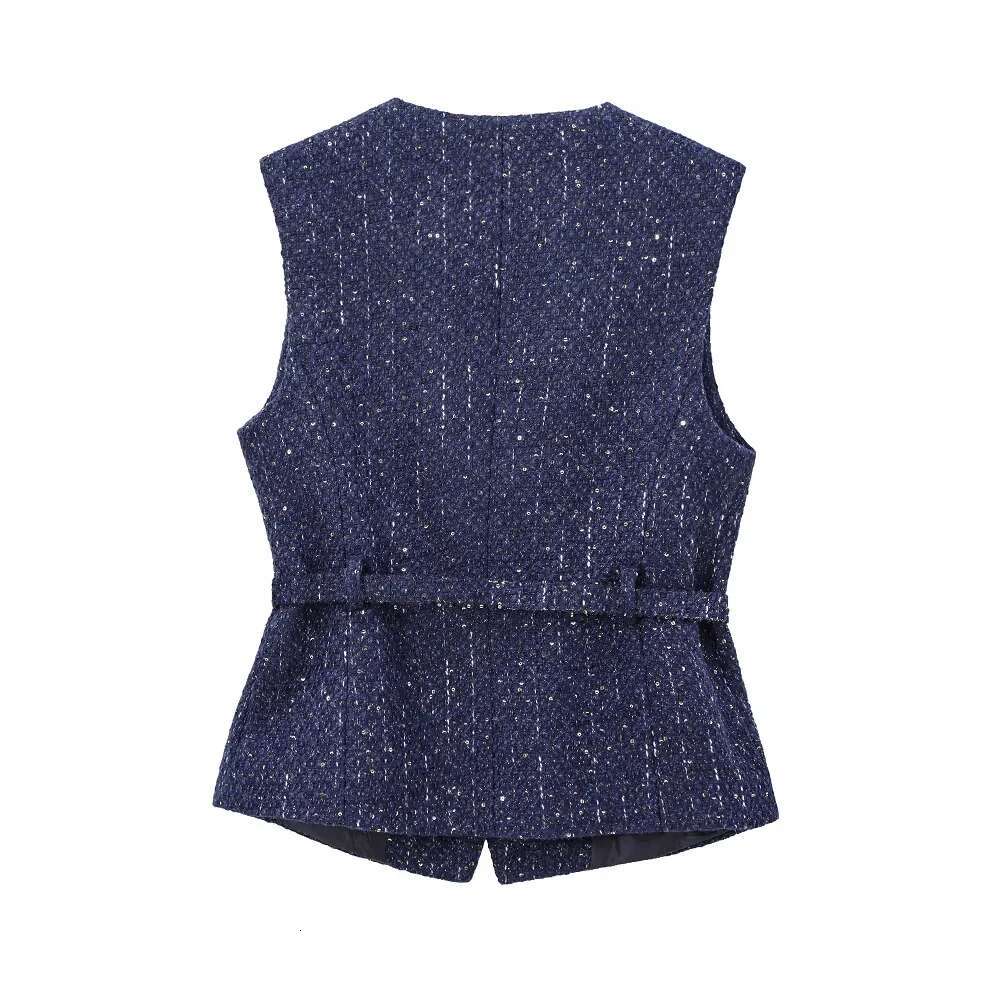 Tangada Women 2024 Blue Tweed Waistcoat With Belt Sleeveless Female Outerwear Ps0138
