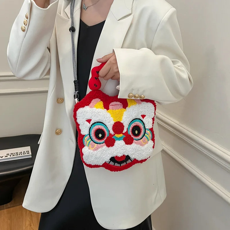 Ship from US Small niche n Chinese style lion waking plush bag for women personalized fresh and cute shoulder crossbody 250227FBB