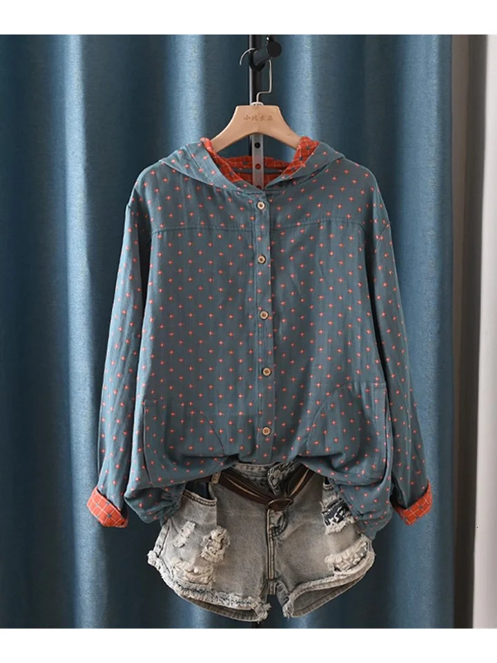 Lamtrip Unique Vintage Polka Dots Pattern Double Layers Cotton Yarn Long Sleeve Hooded Cardigan Shirt Blouse Autumn 250226