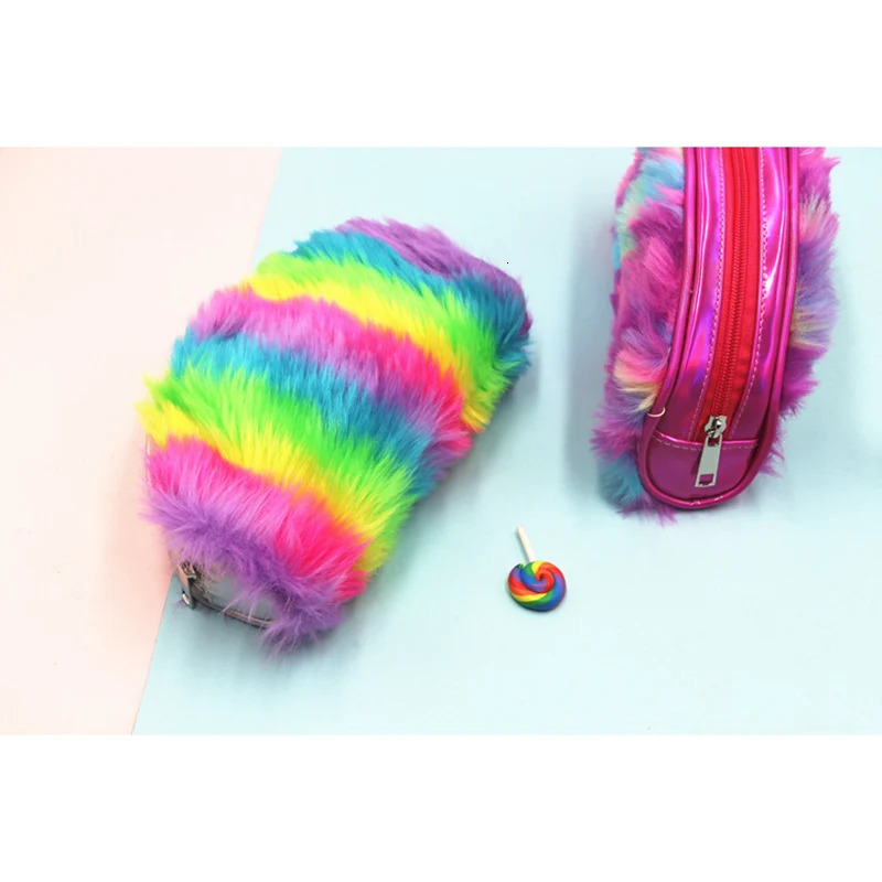 Ship from US Creative Rainbow Color Plush Pencil case Multifunctional Cosmetic Stationery Storage Bag EM88 250227FBB