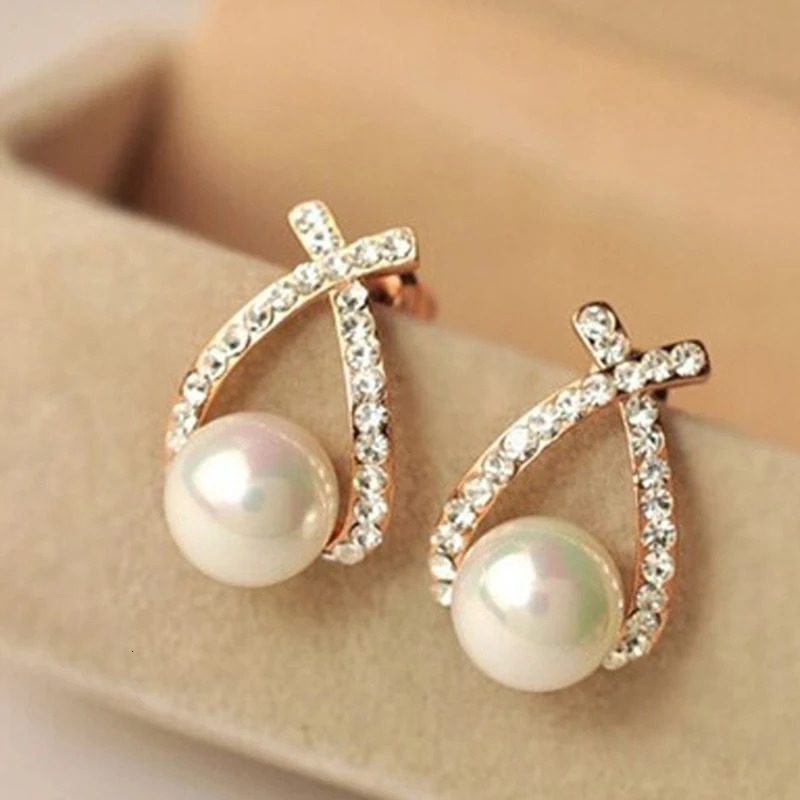 Fashion Jewelry Simulated Pearl Stud Earrings Cute Bow Earring Shining Crystal Elegant Wedding Customized 250210