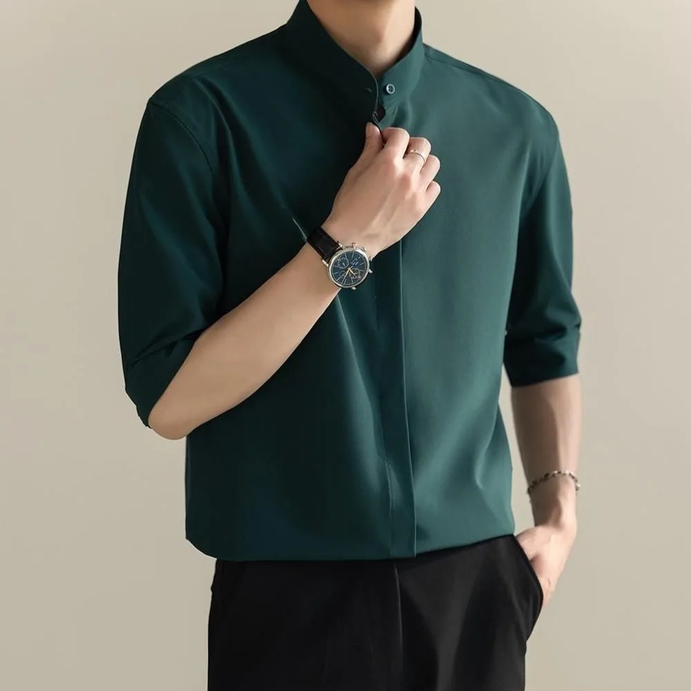 Mens stand up collar floral shirt with retro casual buttons and half sleeves mens solid color y clothing 250226