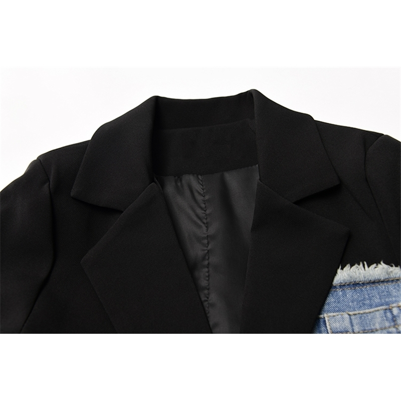 Women Vintage Fashion Blazer Denim Patchwork Jackets Autumn Winter Irregular Coat Women Long Sleeve Loose Korean Outerwear 250226