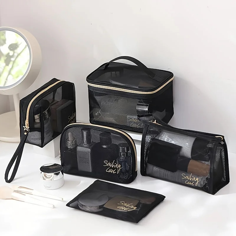 Ship from US 5pcsset Make Up Bag Travel Cosmetic Organizer Transparent Black Mesh Pouch Makeup 250227FBB