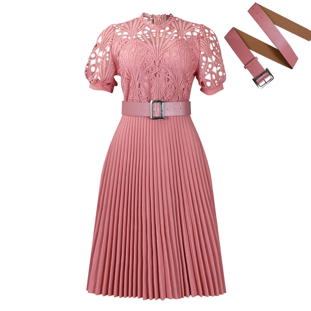 D499 European and American women's short sleeved lace patchwork pleated formal dress 2025 new style temperament chic elegant clothing