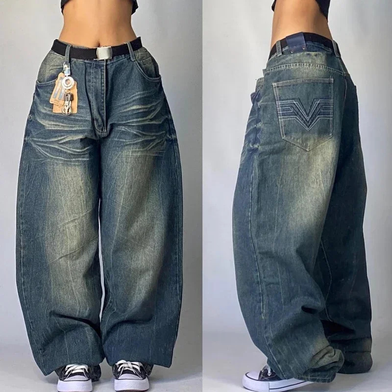 Washed Baggy Jeans womens streetwear punk pop casual clown high waist wide leg pants Y2K Harajuku fashion solid color 250226