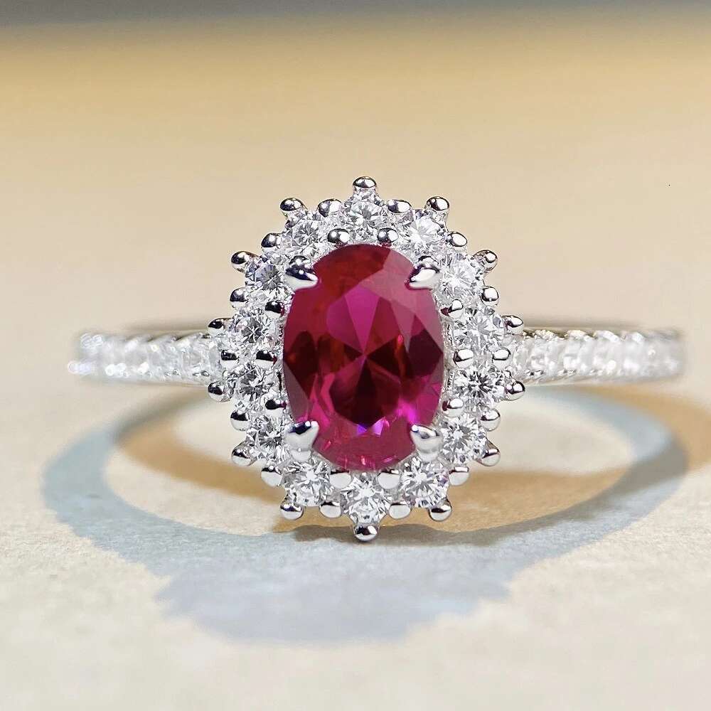 Vinregem 5*7 MM Oval Cut Ruby High Carbon Dia Gemstone Gold Plated Sterg Sier Wedding Party Ring Fine Jewelry