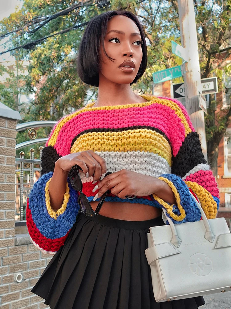 Weird Puss Colorful Stripe Knit Sweater Women Y2K Trend Balloon Sleeves Casual Simple Basic Wild Streetwear Hipster Crop Tops 250225