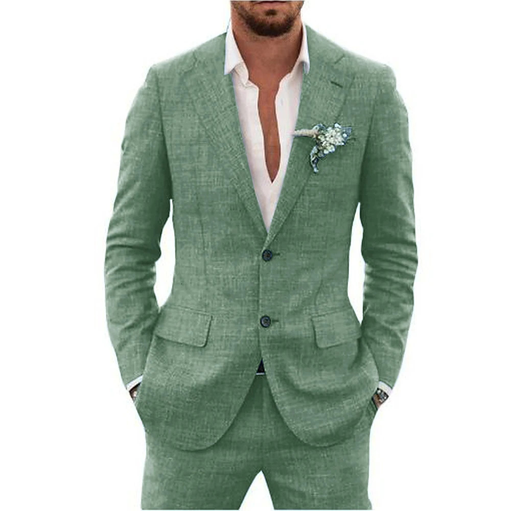 Slub Cotton Linen Suiting Fabric Full Mens Suit Lapel Collar Single-breasted 2 Piece Set Elegant Man Suits High Quality Blazer 250224