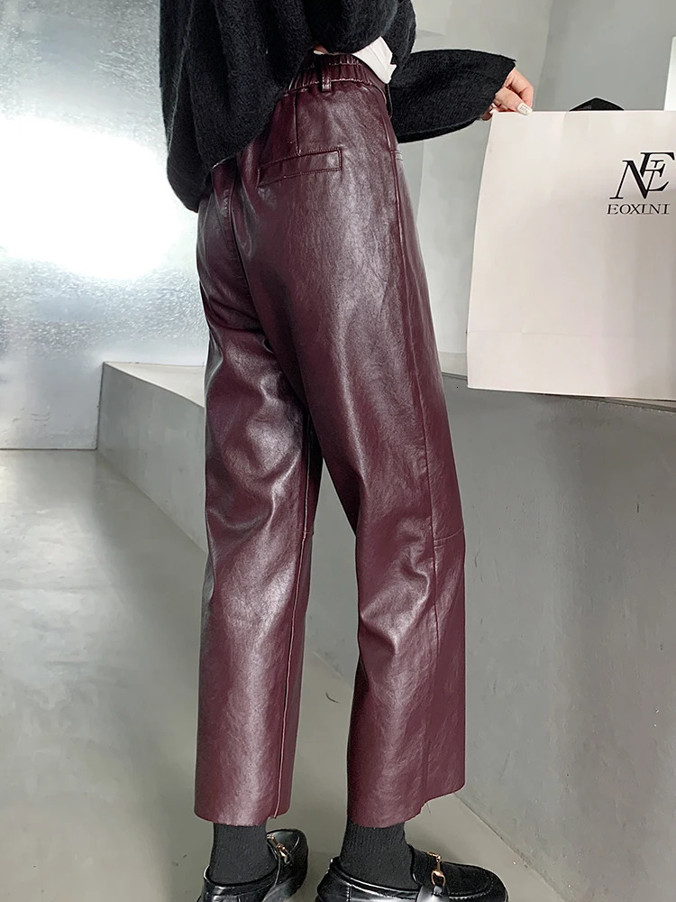 QOERLIN Fall Winter PU Leather Pants Women Elegant High Waist Pockets Faux Harem Pant Female Back Elastic Trousers 250227