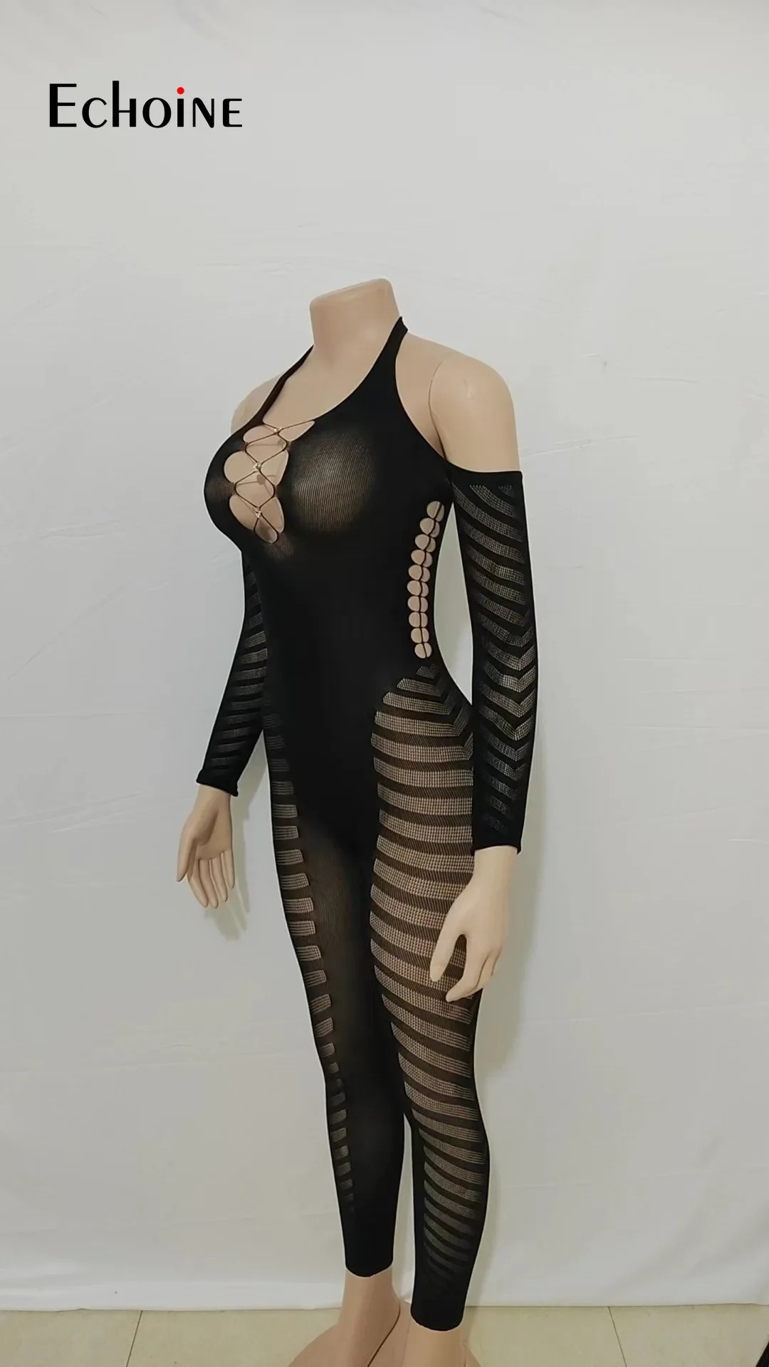 Echoine Womens Sexy Halter neck Hollow backless long sleeve Bodycon Jumpsuit Fashion Party Club Playsuits Pants Rompers 250227