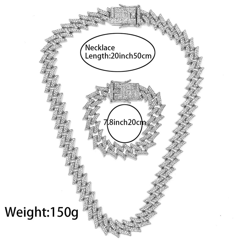 Wholesale HipHop Trendy Vintage Daily Fashion Party 15mm Zircon Dia Iced Out Full Thorns Cuban Necklace Bracelet Set Gift