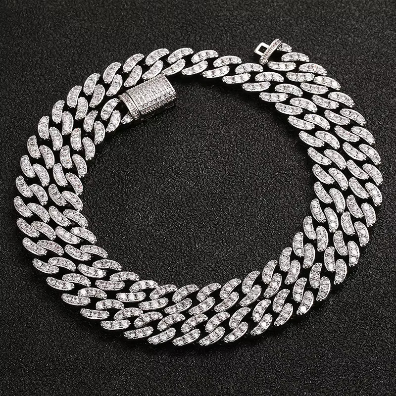 Gold Zirconia Sier Dog Collar Brass with Dias Moissanite Cuban Chain