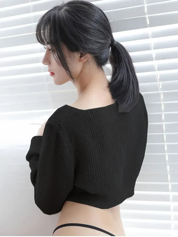 Sexy Low Cut Women Knitwear Korean Pullovers Short Crop Tops Long Sleeve Sweater Fashion Woman Clothing 250225