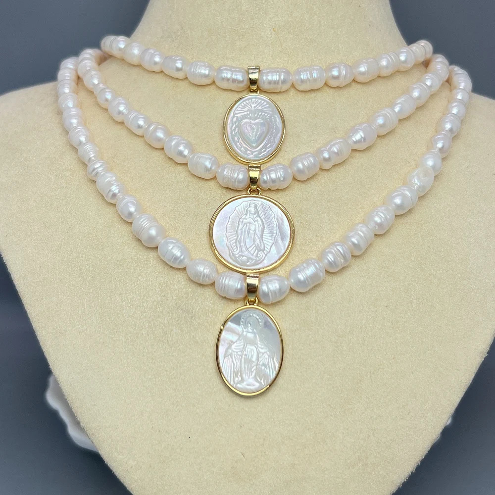 Natural Pearl Choker Female Shell Jesus Sacred Heart Virgin Mary Guadalupe Pendant Necklace For Women Religious Jewelry 250222