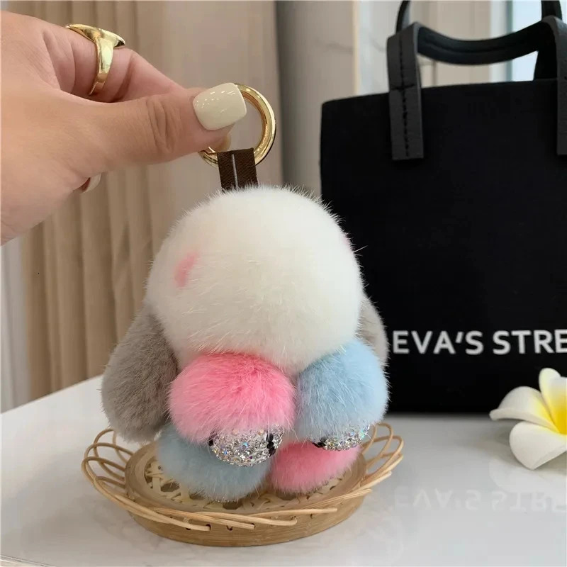 Mink Fur Bunny Fur Pendant Bag Jewelry Key Chain Plush Pendant Trumpet Cute Rabbit Children Animal Cartoon Doll 250227
