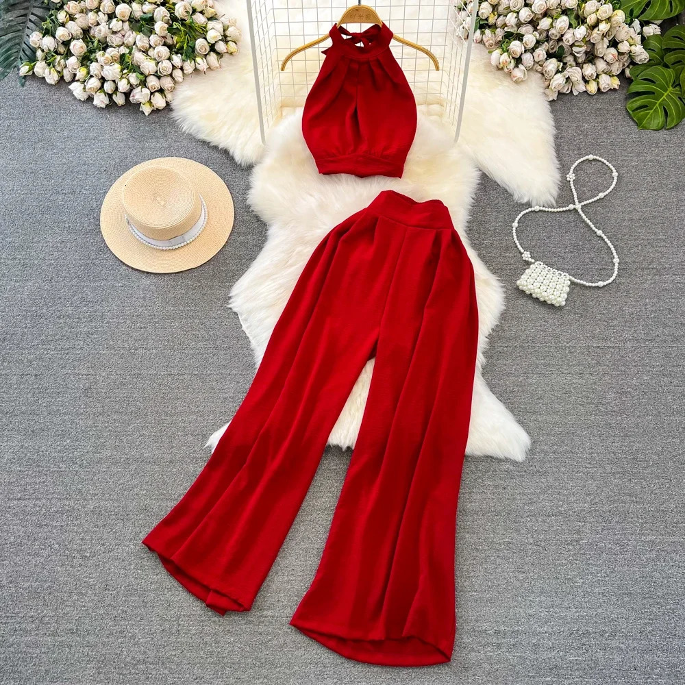 GreenBlackRed Summer Two Piece Set Women Sexy Strap Short Tops High Waist Wide Leg Pants Female Suit 250226